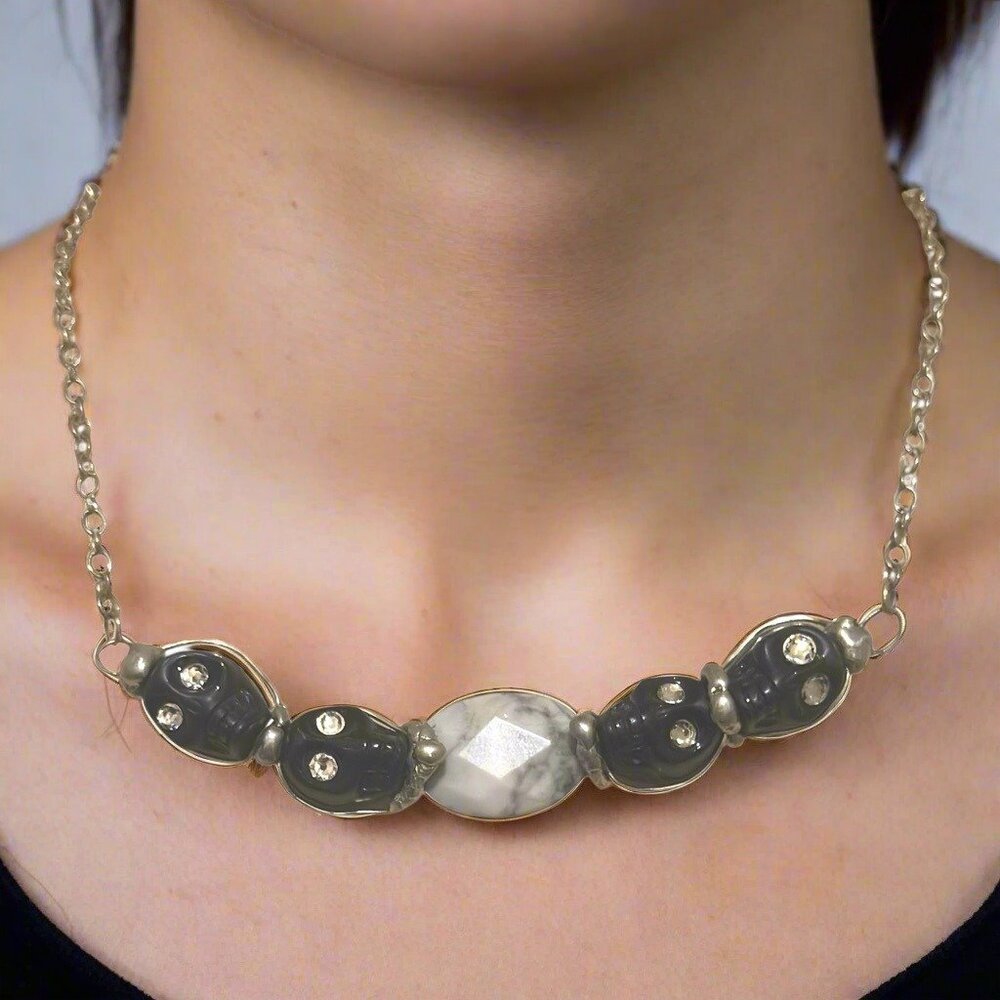 Artisan Necklace W/ Black Onyx Sugar Skulls, Swarovski Eyes & Marble Centerpiece - Picture 3 of 12